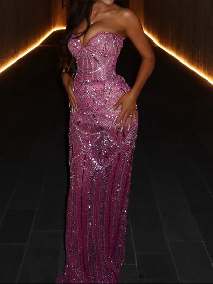 Embellished Sweetheart Column Gown with Slit