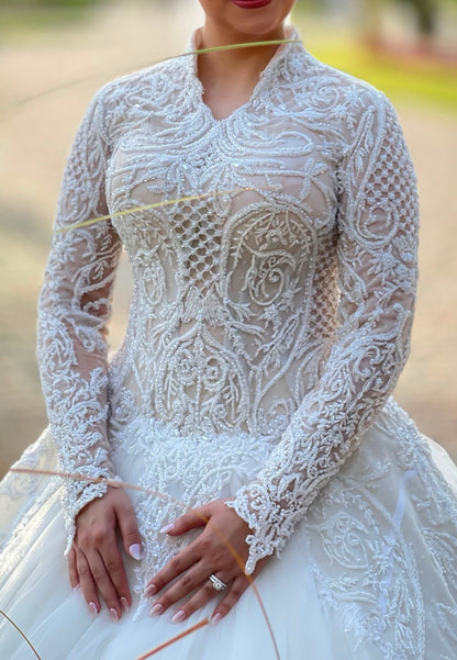 Embroidered Ball Gown Wedding Dress with Long Sleeves