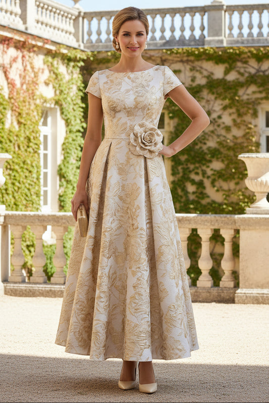 Floral Jacquard A-Line Tea-Length Evening Dress