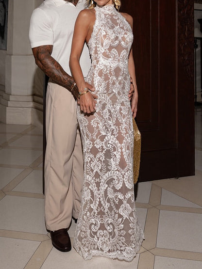 Lace Halter Cut-Out Mermaid Dress with Train