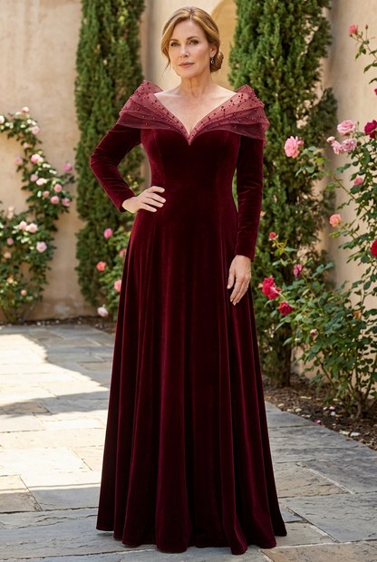 Velvet Long-Sleeve Evening Gown with Beaded Mesh Collar
