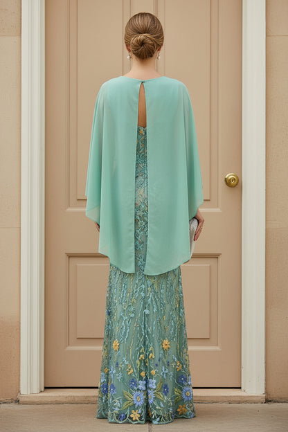 Embroidered Cape Sleeve Evening Gown
