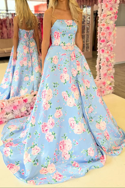 Floral Satin Ball Gown with Lace-Up Back