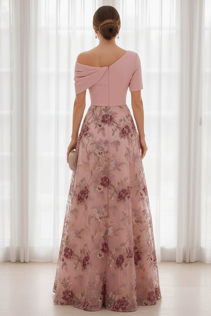 Asymmetric Embroidered A-Line Gown with Pockets