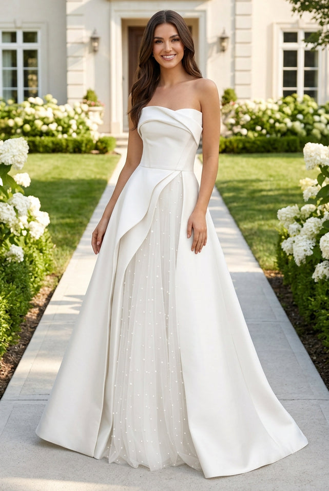 Strapless Satin Ball Gown with Pearl Tulle Split