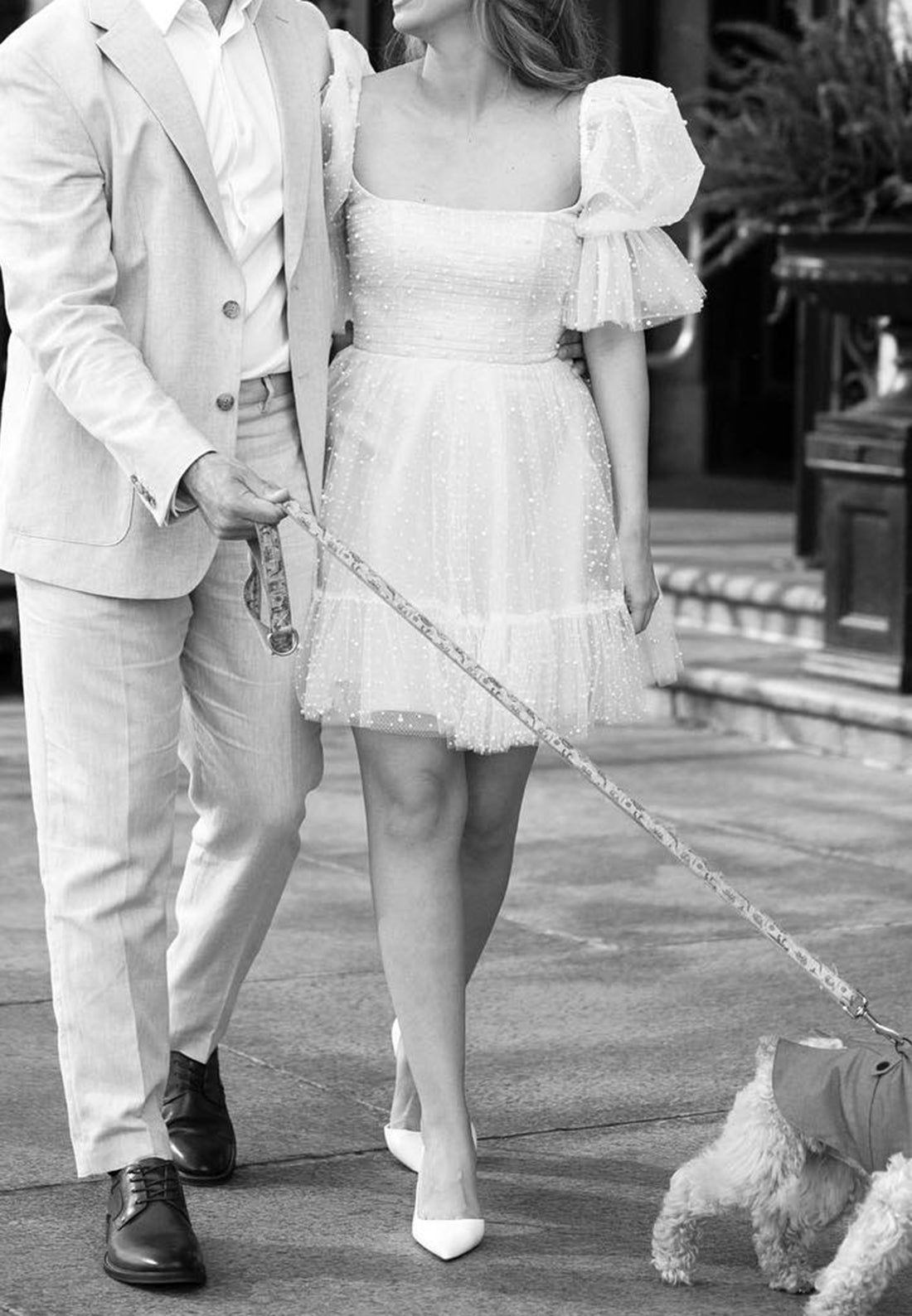 Pearl-Embellished Tulle Puff Sleeve Mini Dress