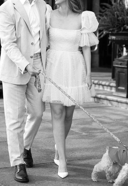 Pearl-Embellished Tulle Puff Sleeve Mini Dress