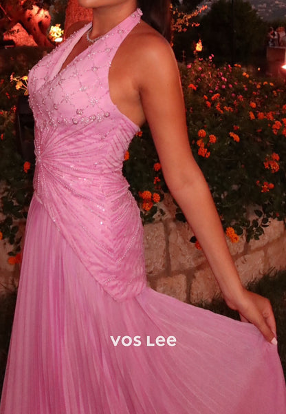 Halter Beaded Bodice Pleated Maxi Dress