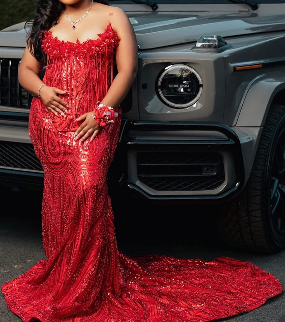 Fringed Sequin Corset Mermaid Gown with Train