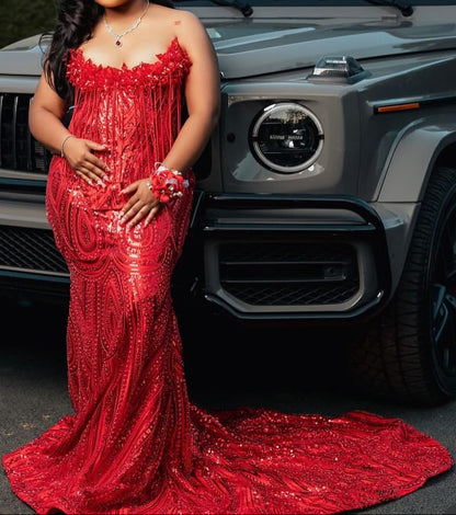 Fringed Sequin Corset Mermaid Gown with Train
