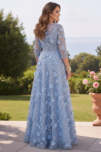 3D Floral Applique A-Line Evening Gown