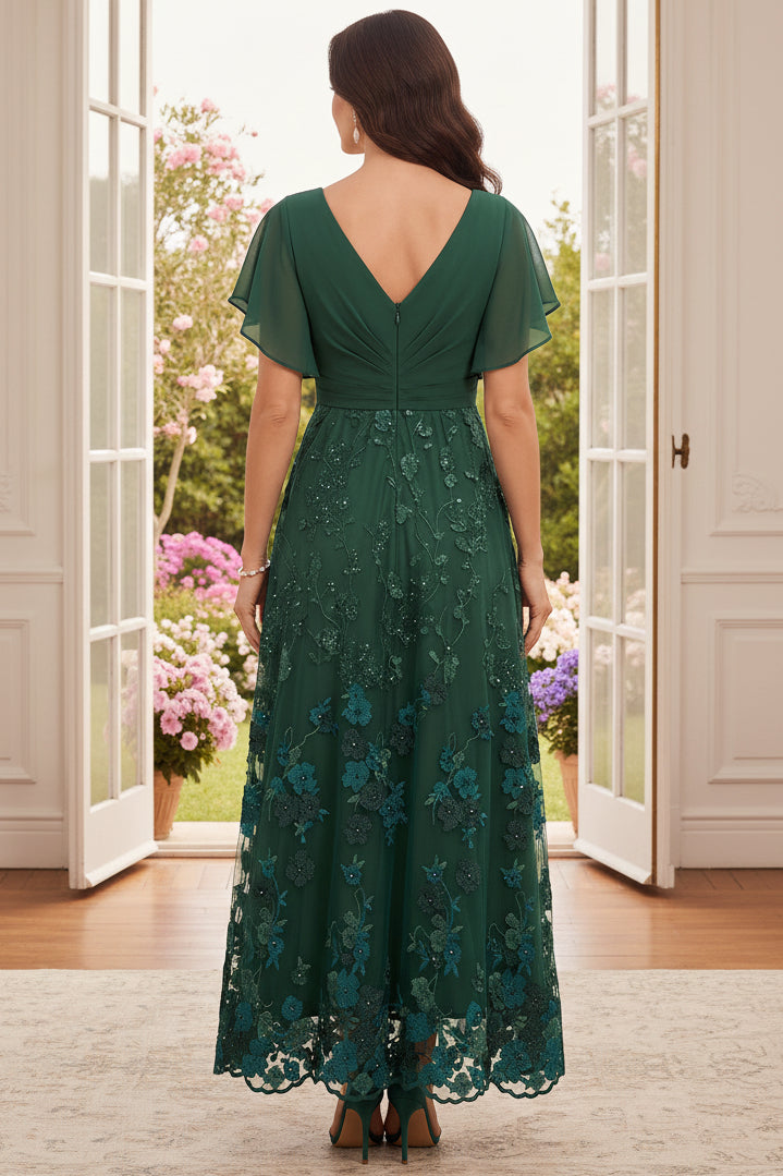 Flutter Sleeve Embroidered Floral A-Line Dress