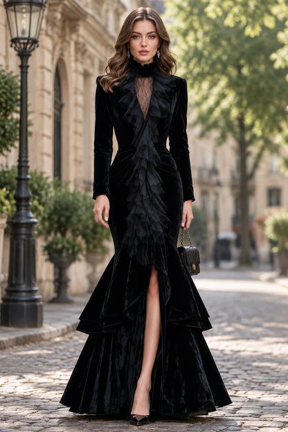 Velvet Ruffle Front Mermaid Gown with Slit