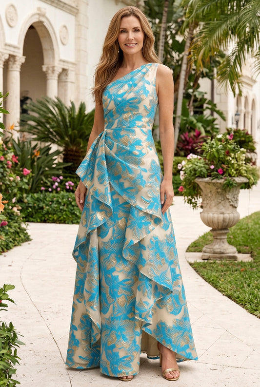 One-Shoulder Floral Jacquard Evening Gown