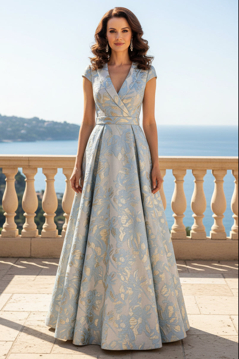 Pleated Metallic Jacquard A-Line Evening Gown