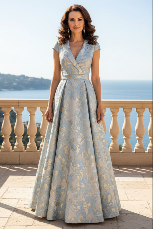 Pleated Metallic Jacquard A-Line Evening Gown