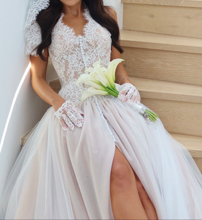 Lace Corset Bodice Tulle Wedding Dress with Train