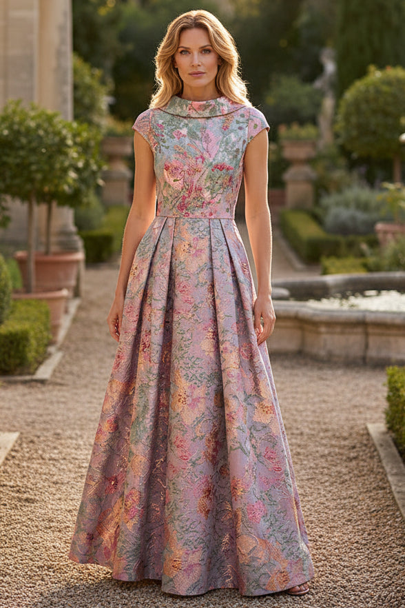 Floral Jacquard Cap-Sleeve Pleated Evening Gown