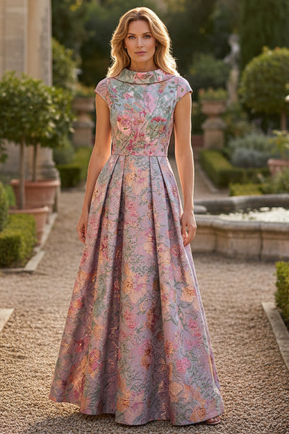 Floral Jacquard Cap-Sleeve Pleated Evening Gown