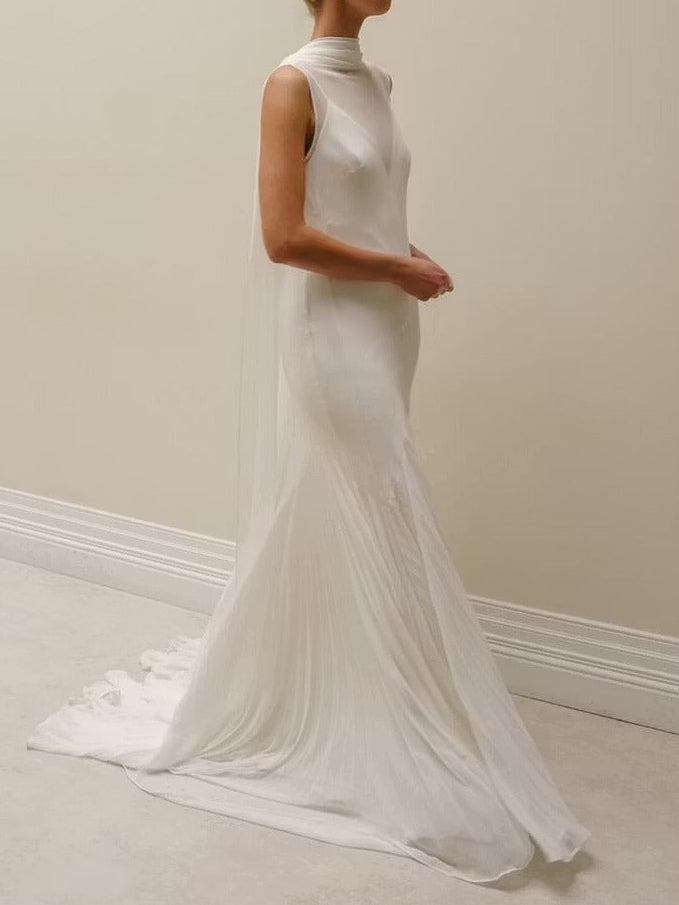 High Neck Open Back Wedding Dress with Shoulder Drapes