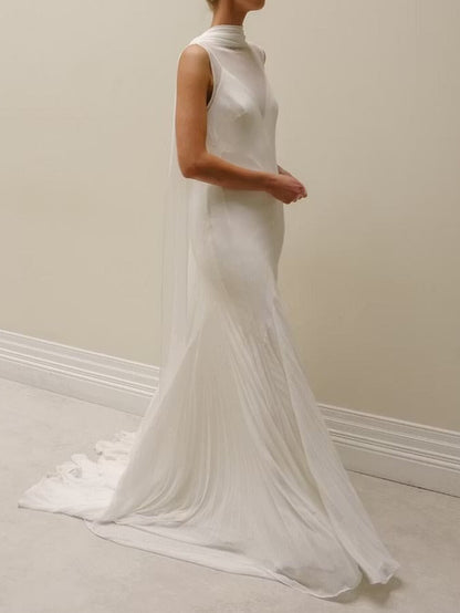 High Neck Open Back Wedding Dress with Shoulder Drapes
