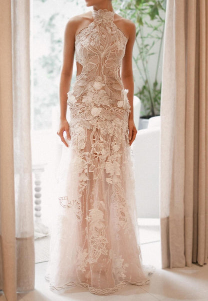 Halter Neck Lace Cut-Out Wedding Dress