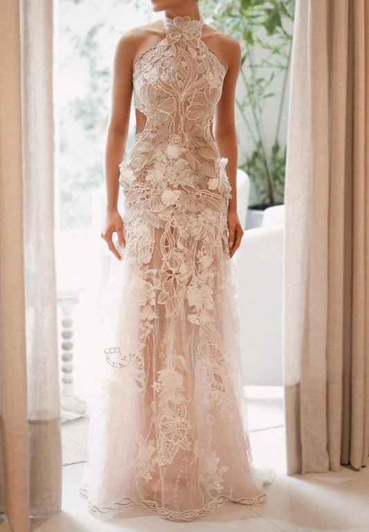 Halter Neck Lace Cut-Out Wedding Dress