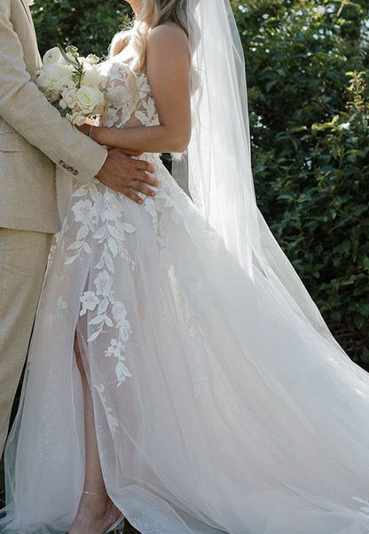 Strapless Floral Lace A-Line Wedding Dress with Slit
