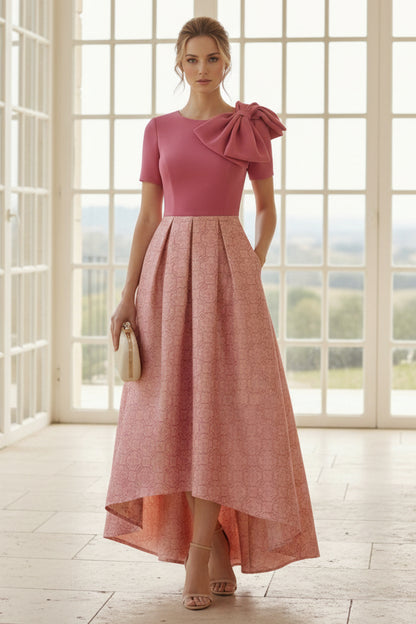Jacquard Pleated High-Low Dress with Shoulder Bow