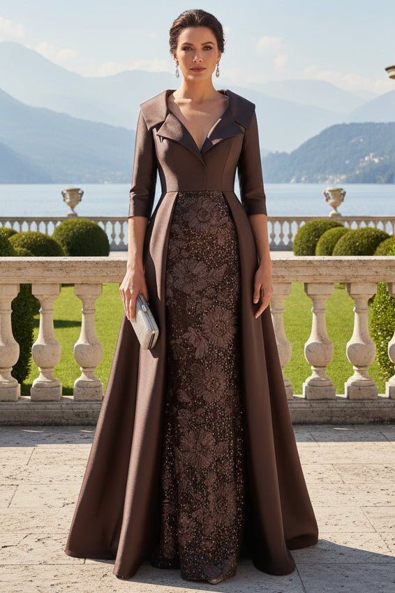 Collared Satin Evening Gown with Sequin Skirt