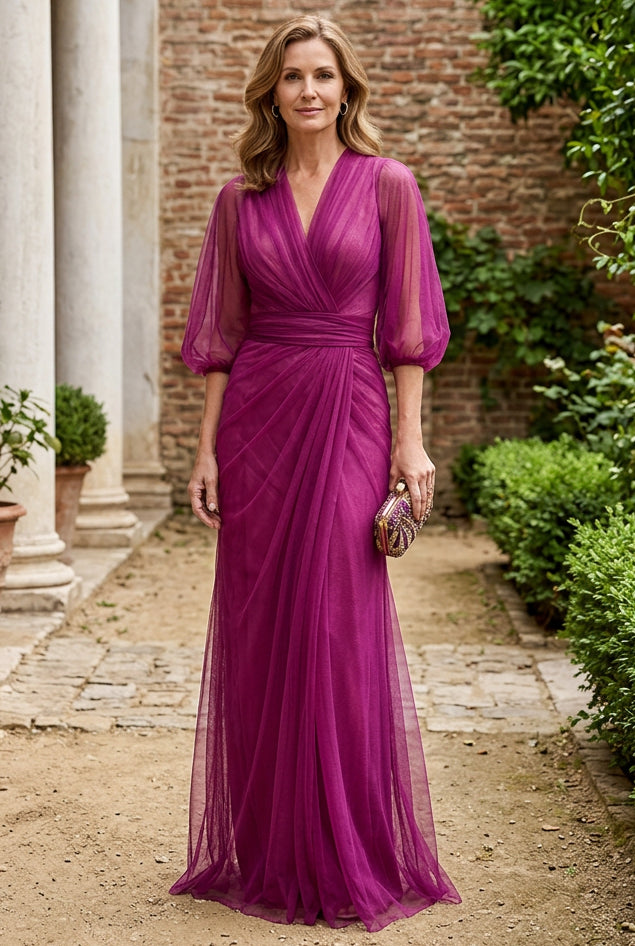 Tulle A-Line Evening Gown with Sheer Puff Sleeves