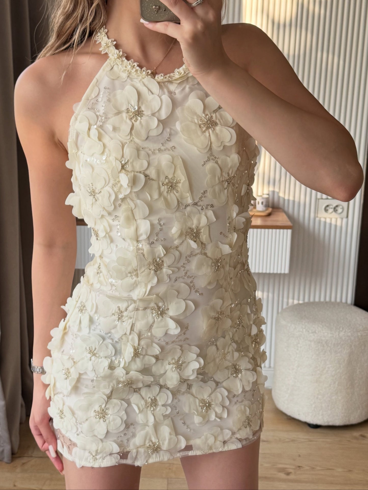 3D Floral Applique Halter Mini Dress