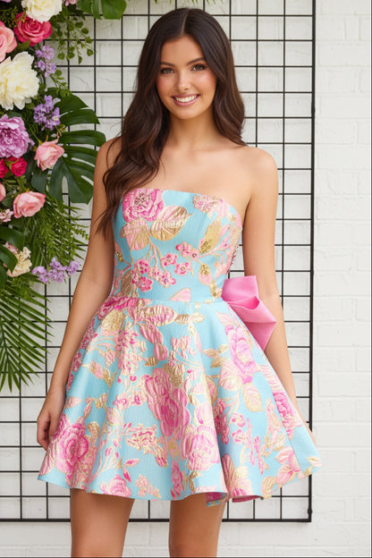 Strapless Floral Jacquard Mini Dress with Back Bow