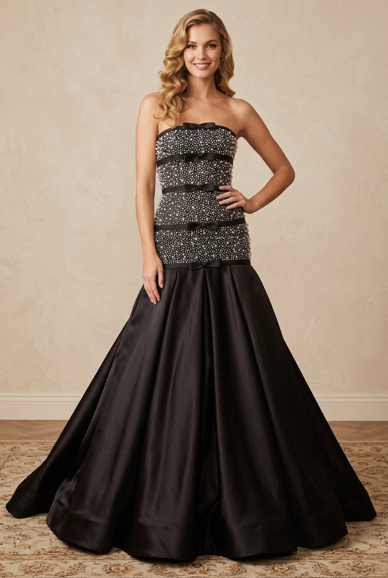 Strapless Beaded Trumpet Gown with Bow Accents