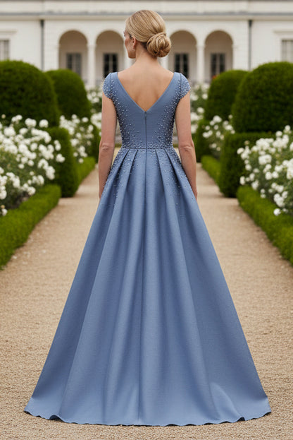 Pearl-Embellished A-Line Gown with Cap Sleeves