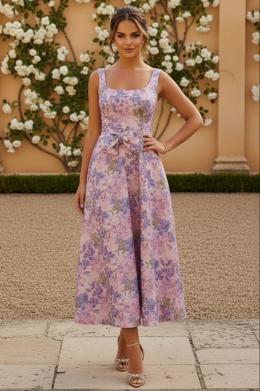Floral Jacquard Square Neck Midi Dress