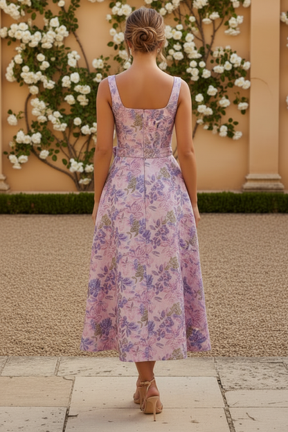 Floral Jacquard Square Neck Midi Dress