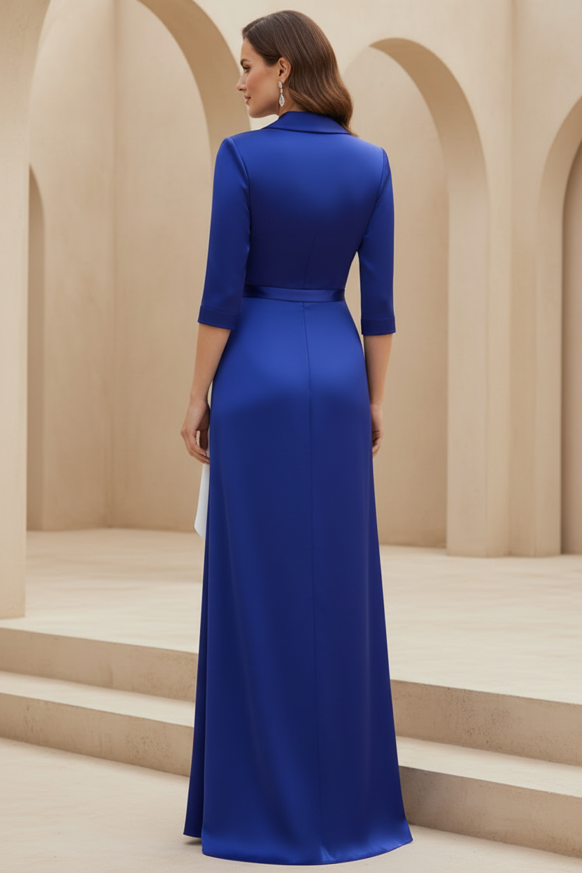 Shawl Collar 3/4 Sleeve Gown with Draped Waist Brooch