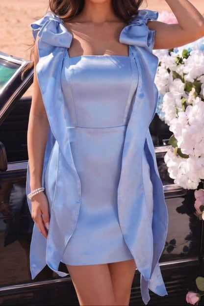 Satin Mini Dress with Bow-Tie Cape Sleeves