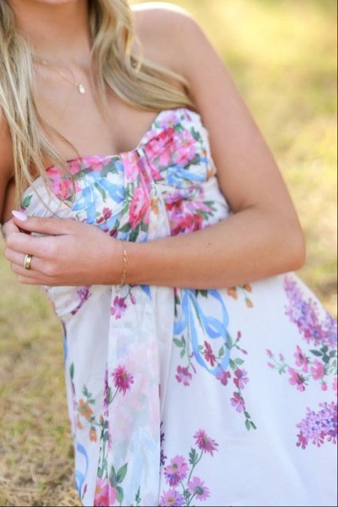 Strapless Floral Mini Dress with Tie Bodice