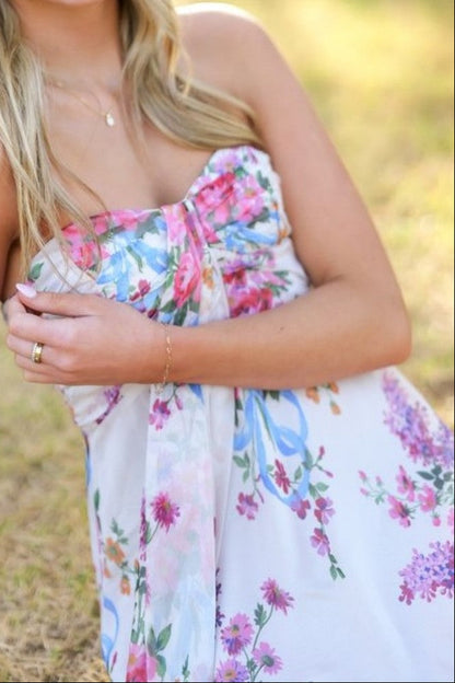 Strapless Floral Mini Dress with Tie Bodice