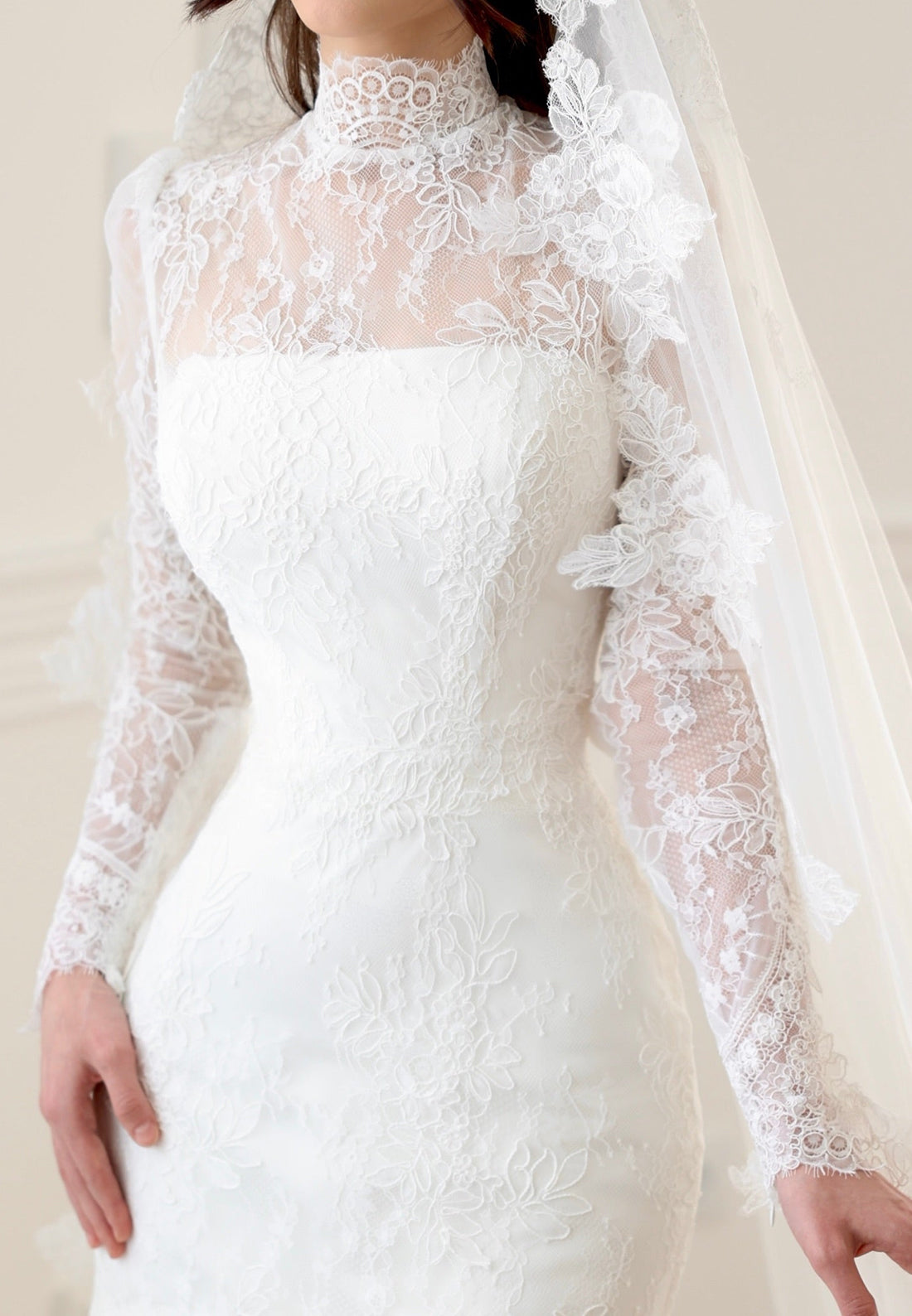 High Neck Lace Mermaid Wedding Dress with Tiered Skirt