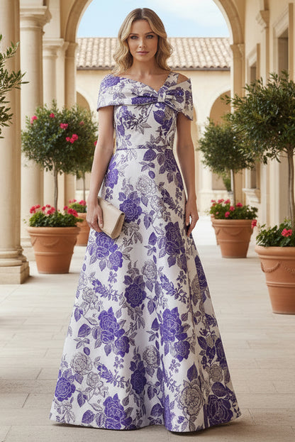 Floral Jacquard A-Line Gown with Bow Neckline
