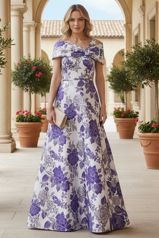 Floral Jacquard A-Line Gown with Bow Neckline