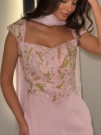 Corset Evening Gown with Scarf and Lace-Up Back