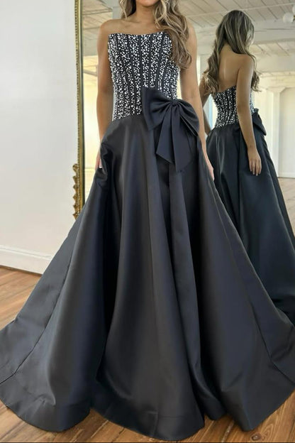 Strapless Beaded Bodice Ball Gown with Bow