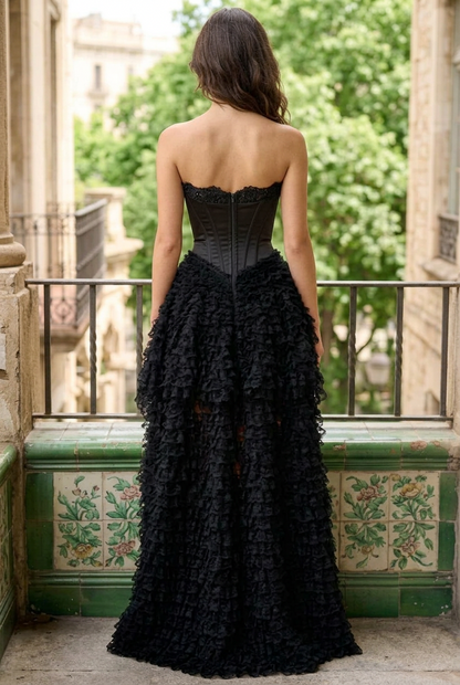 Strapless Corset High-Low Ruffled Gown
