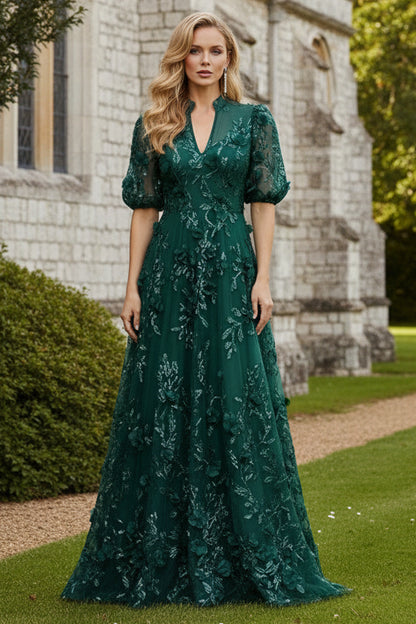 3D Floral Applique Short Sleeve A-Line Gown