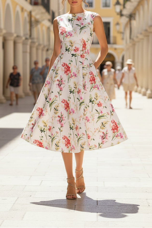 White Floral Print Midi Dress | Sleeveless A-Line Tea-Length Dress