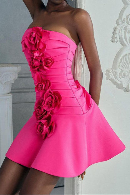 Strapless 3D Floral Rosette Pleated Mini Dress